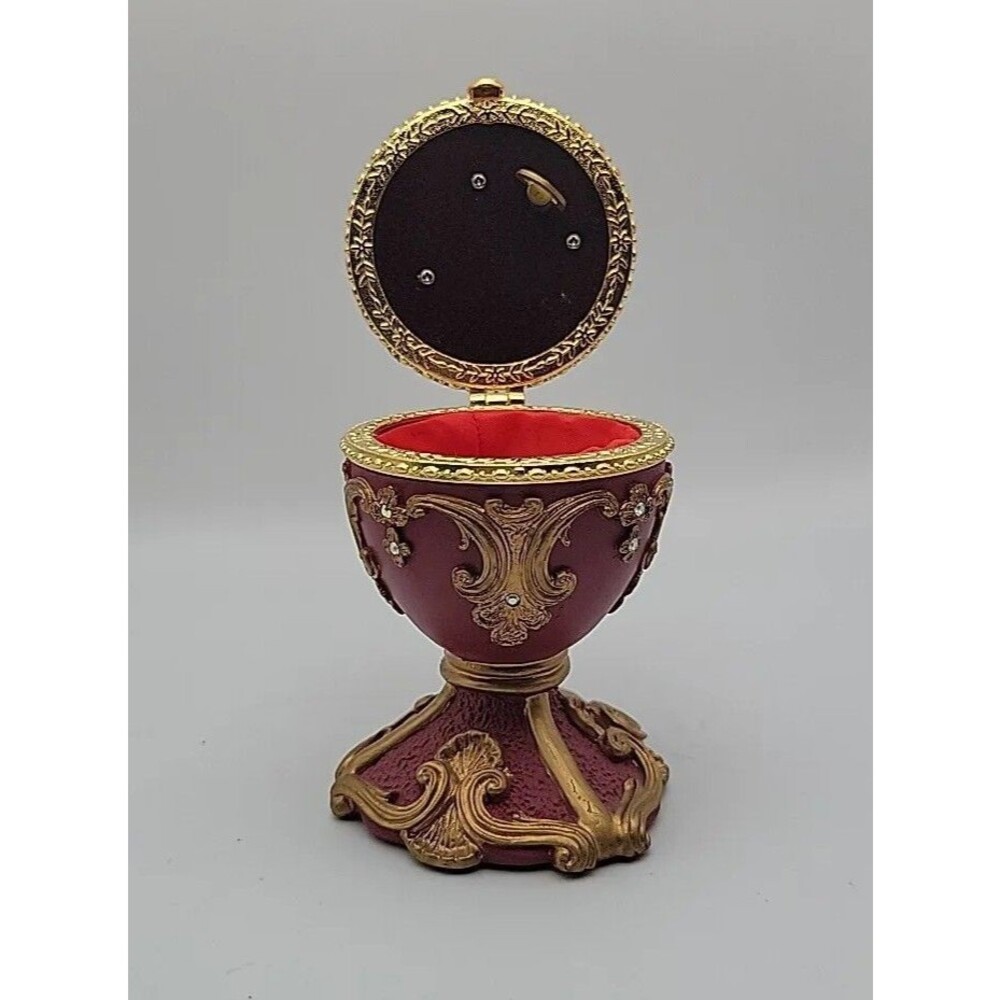 Vtg Sankyo Japan Musical Decorative Standing Egg Trinket Box Burgundy Decor